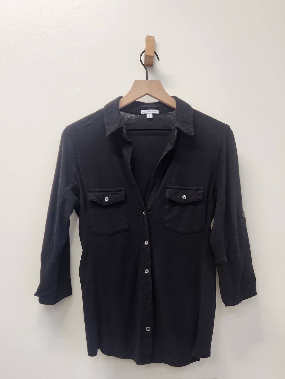 James Perse Women Slub Utility Shirt Black Button Down 4/XL Chest Pocket Casual